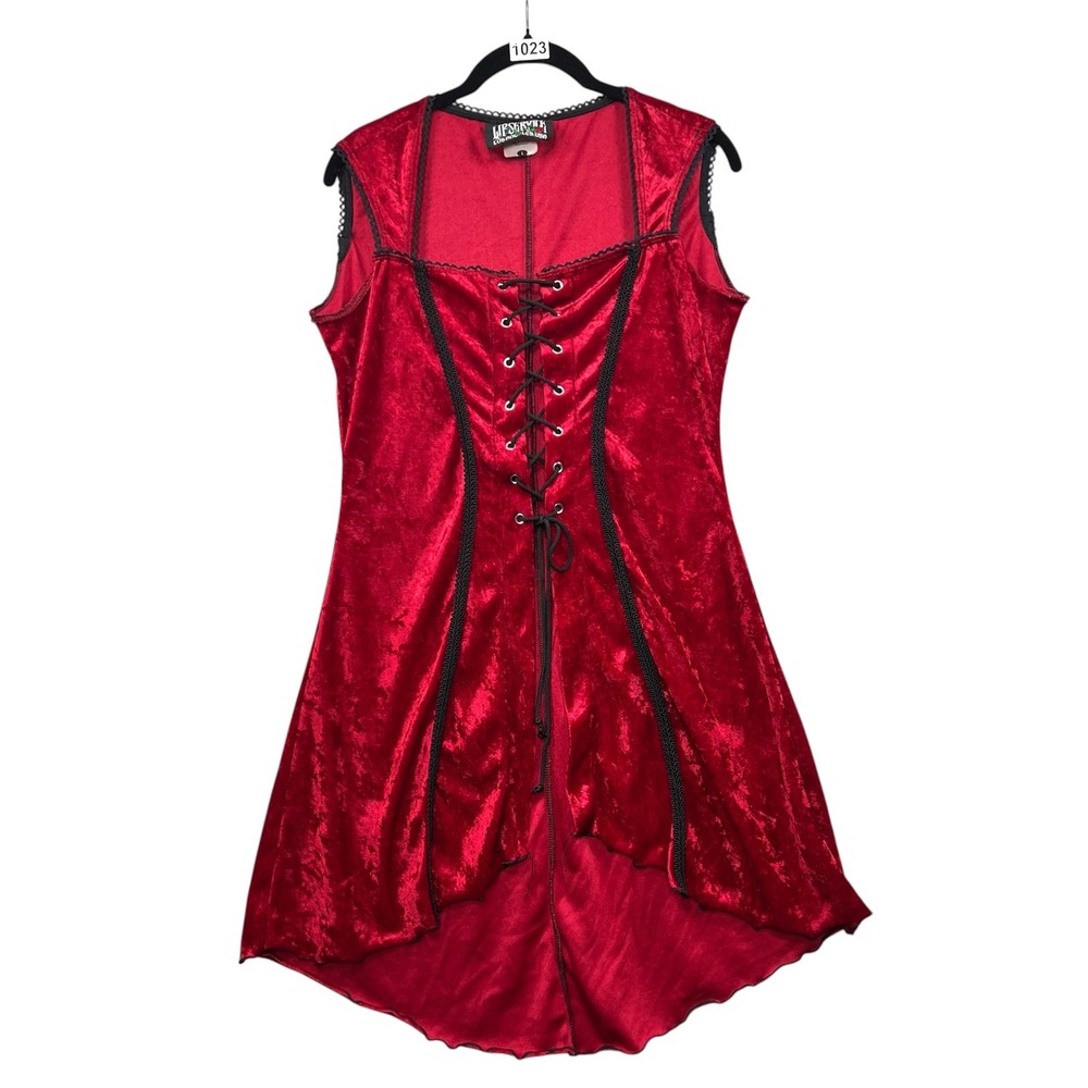 Vintage Lip Service Vampire Top Women L‎ Red Crushed Velvet Lace Up Gothic